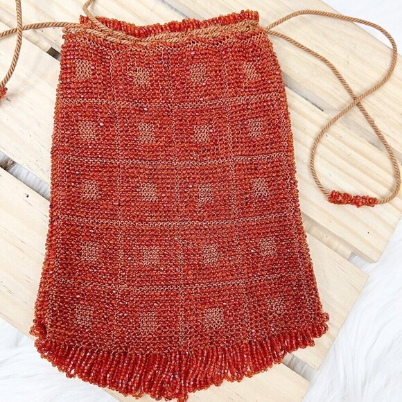 Vintage Terra Cotta Red Burnt Orange Handmade Micro Glass Bead Fringe Clutch - Picture 1 of 8